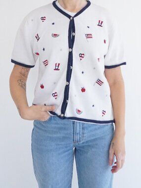 Croft Barrow White Flag Apple Watermelon Patriotic Print Button Cardigan M